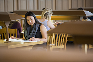 female students study at tables in the library